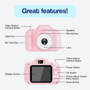 Pink LittleLens Kids Camera with lens, screen, buttons, USB port, SD card slot, speaker, and microphone features.