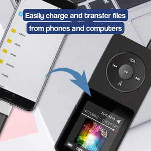 Black MP3 player with headset charging connection to smartphone and computer for file transfer