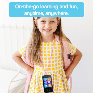 child with Little Genius Dual Camera smartphone toy hanging on lanyard educational kids phone for ages 3 plus
