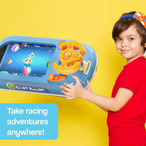 Child playing with TurboRace Interactive Game Set handheld racing console against yellow background