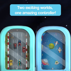 TurboRace Interactive Game Set with dual racing and spaceship modes on a single blue controller