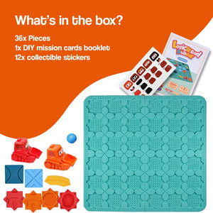 Build-A-Path Logic Puzzle with bulldozer, tiles, and challenge cards for STEM learning and problem-solving
