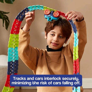 Child playing with colorful snap-together LED Anti-Gravity Race Track with car on looped track