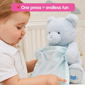 Peek-a-Bear interactive ultra-soft plush toy with a childlike voice and satin blanket playing peekaboo