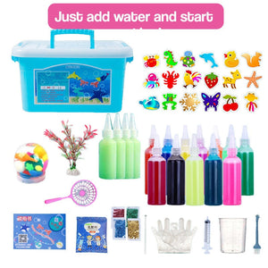 Children playing with colorful Squishy Friends Magic Gel craft set transforming gels into glowing sea creatures