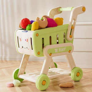 Colorful children's pretend shopping cart toy for imaginative play and skill development