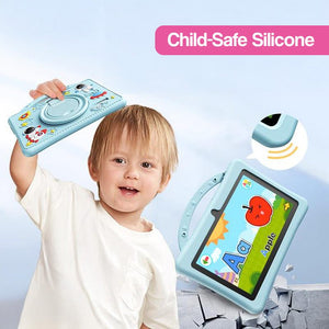 Toddler holding shockproof learning tablet with child-safe silicone case and educational app display