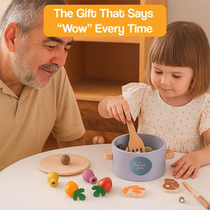 Little Chef Montessori healthy cooking set with natural wood vegetables and utensils for kids ages 2-6 engaging in educational pretend play