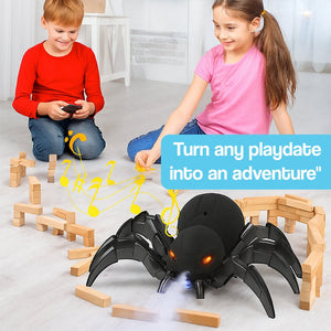 Remote control spider toy with fog spray, glowing red eyes, and sound effects