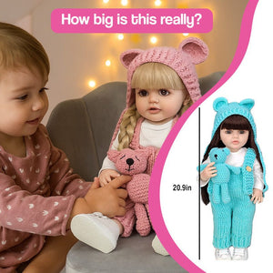 Real-Feel Baby Doll 20.9-inch lifelike silicone baby doll with blonde or brunette hair, soft skin, and child-safe materials shown with child for size reference