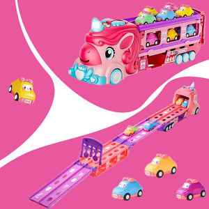Unicorn Express dual racing truck toy with colorful mini cars and foldable track for kids ages 3+