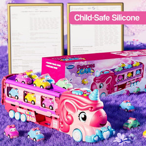 Unicorn Express dual racing truck toy with colorful mini cars and child-safe silicone design