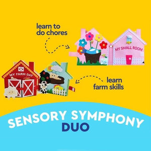 Kids Montessori Farm Day Book with interactive fabric pages teaching agriculture, clock reading, and weather concepts for toddlers