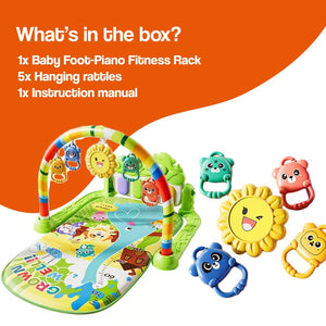 Baby Foot-Piano Fitness Rack with hanging rattles and colorful design for newborns aged 0-36 months.