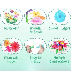 Educational Garden Building Flower Toys set with colorful plastic flowers and stacking bases for children's creative play and motor skill development