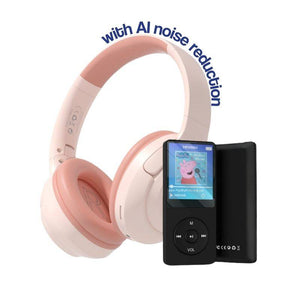 MP3 player with headset and AI noise reduction in pink and black, portable digital music device for kids