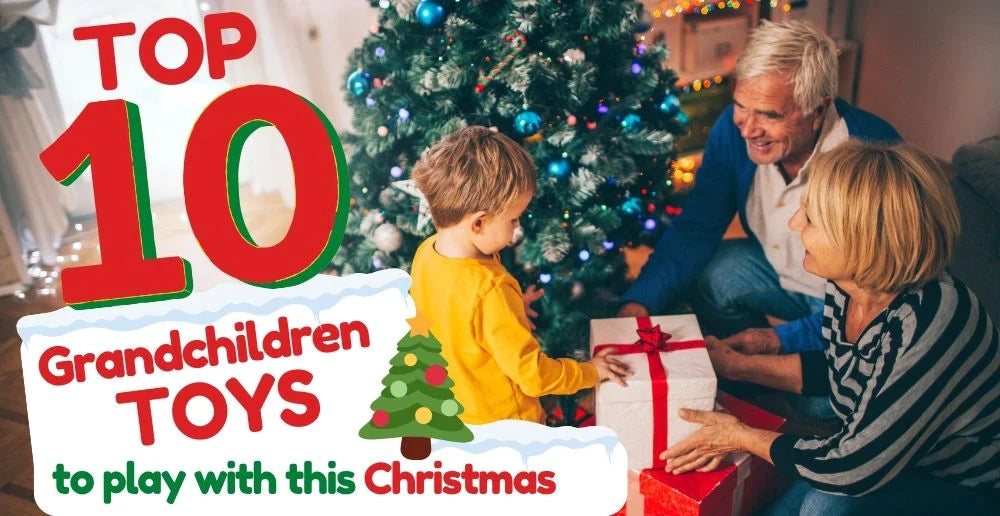 Grandparents gifting a wrapped Christmas present to their grandson by a decorated Christmas tree.