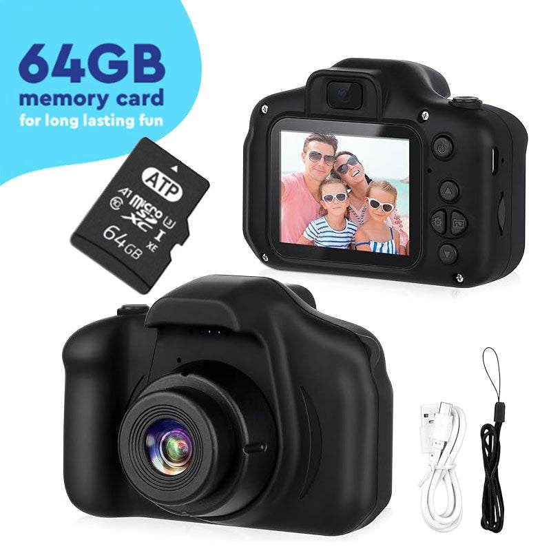 LittleLens Kids Camera with 64GB memory card, 2-inch screen, USB cable, and lanyard for children aged 3+