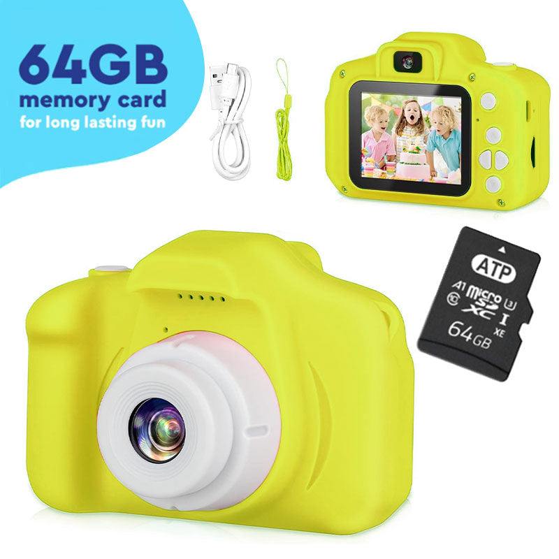 LittleLens Kids Camera in yellow with 64GB memory card, USB cable, and lanyard for kids aged 3+