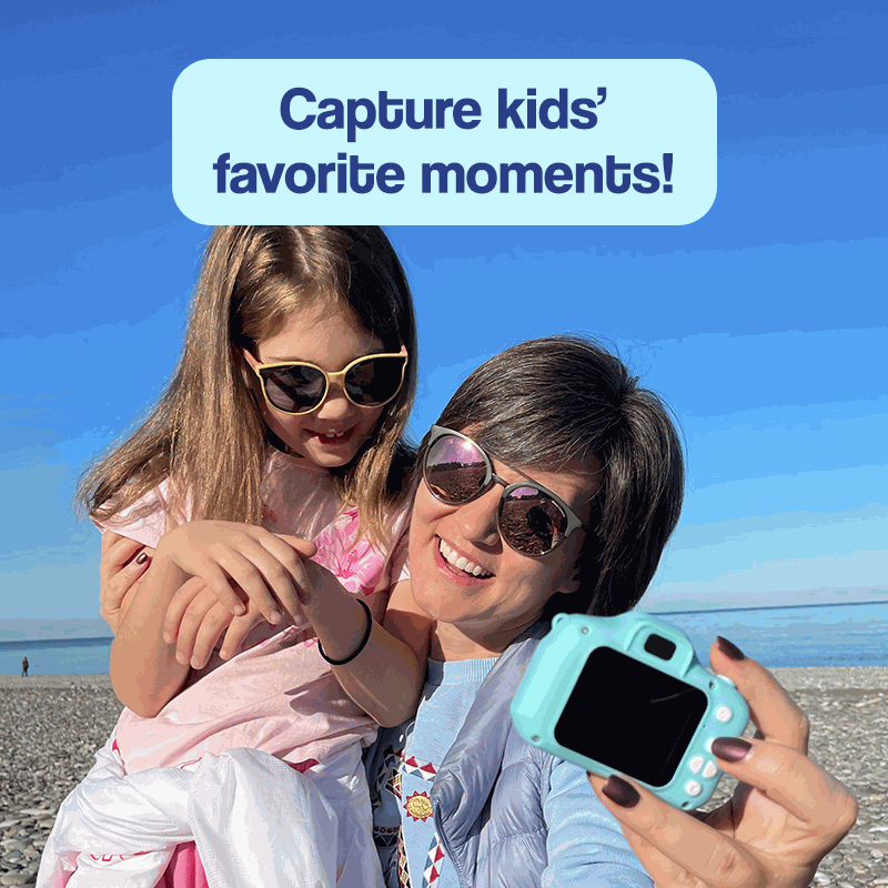 LittleLens Kids Camera held by adult with child on beach, promoting capturing favorite moments with kids.