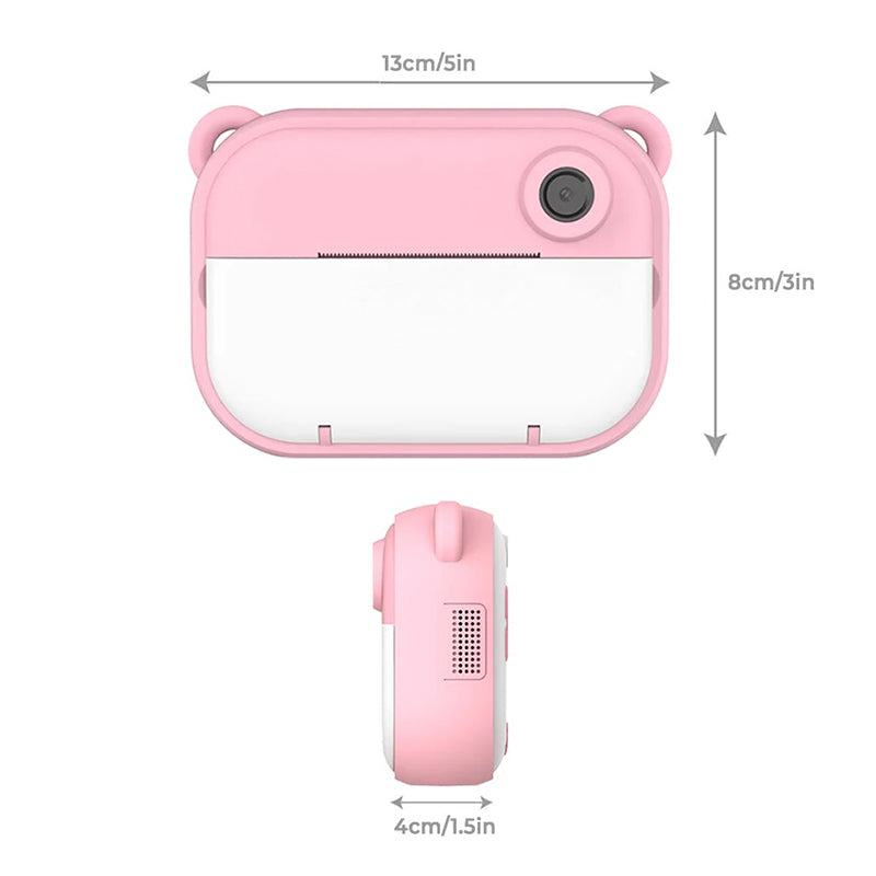 Pink Kid Instant Print Camera with bear ears, compact and lightweight design, size 13x8x4 cm for kids.