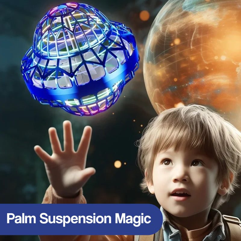 Galaxy Lights Flying Magic Orb glowing with colorful LED lights hovering above child's hand for interactive play
