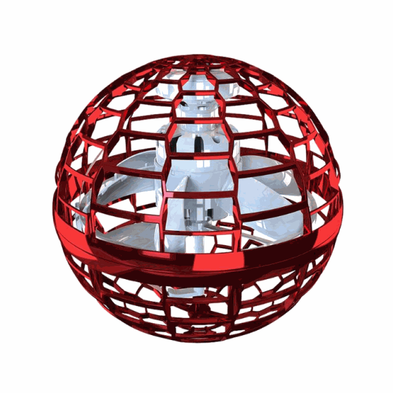 Galaxy Lights Flying Magic Orb drone toy with red protective cage and multicolor LED lights for kids' hand-eye coordination and night play.