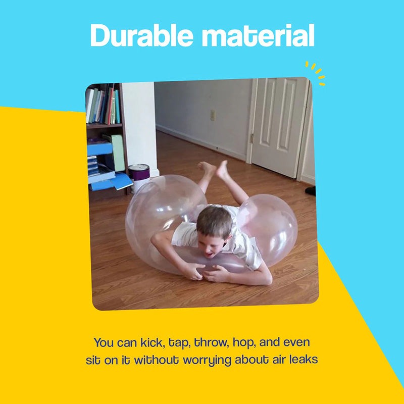 Child playing with transparent Giant Jelly Balloon Ball indoors on wooden floor, showing durable material and fun active play