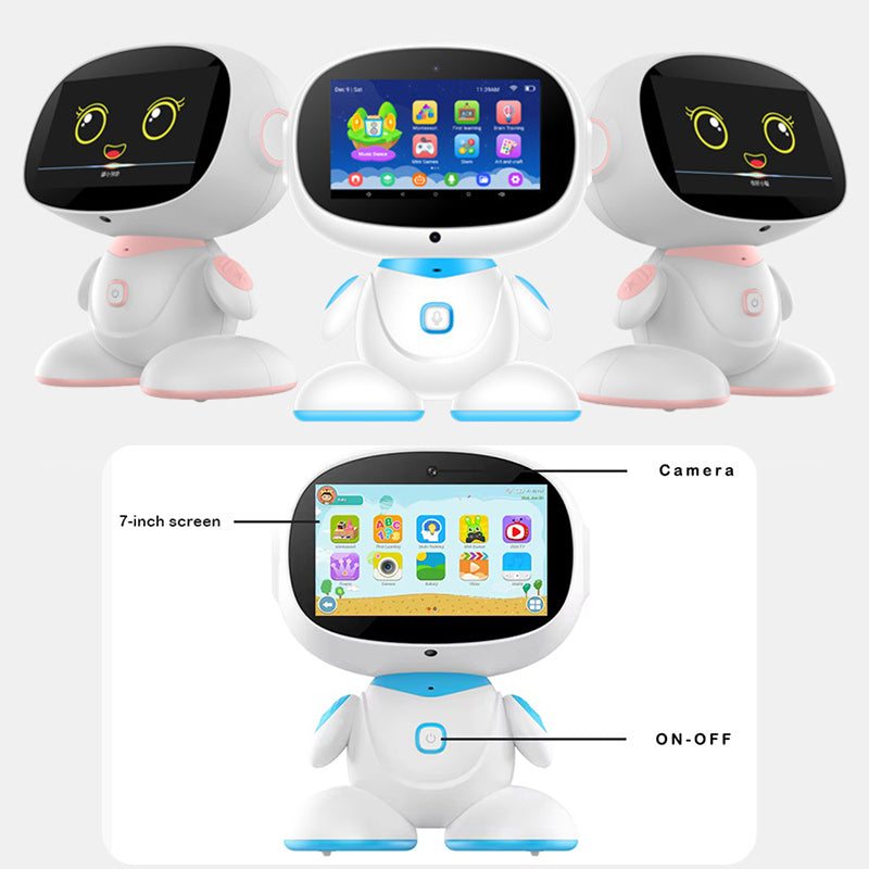 AI-powered STEM learning robot with 7-inch screen, interactive educational apps, camera, and on-off button for kids age 6+