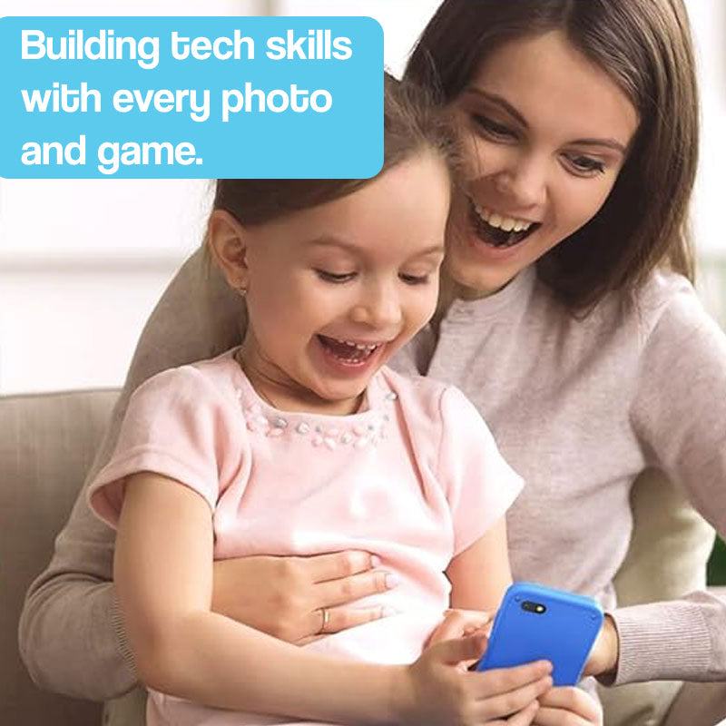 Child playing with Little Genius Dual Camera smartphone with mother, building tech skills through photos and games