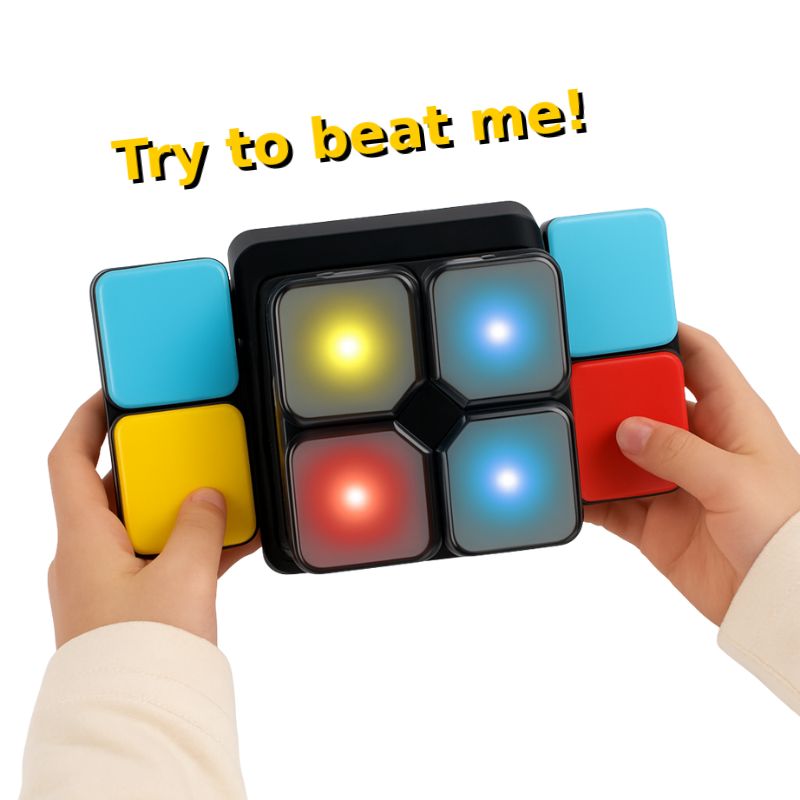 Child holding Smart Light Cube interactive puzzle game with colorful LED lights and flip-and-slide panels against white background