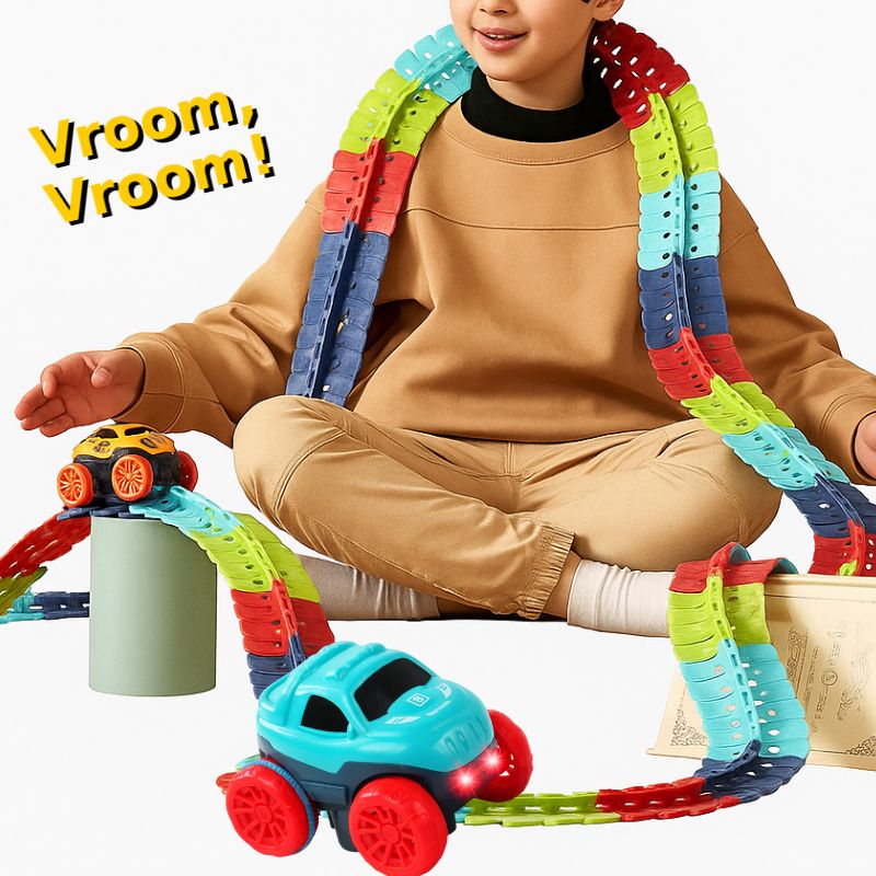 Flexible colorful LED racing track with anti-gravity loops and cars, child playing with toy set