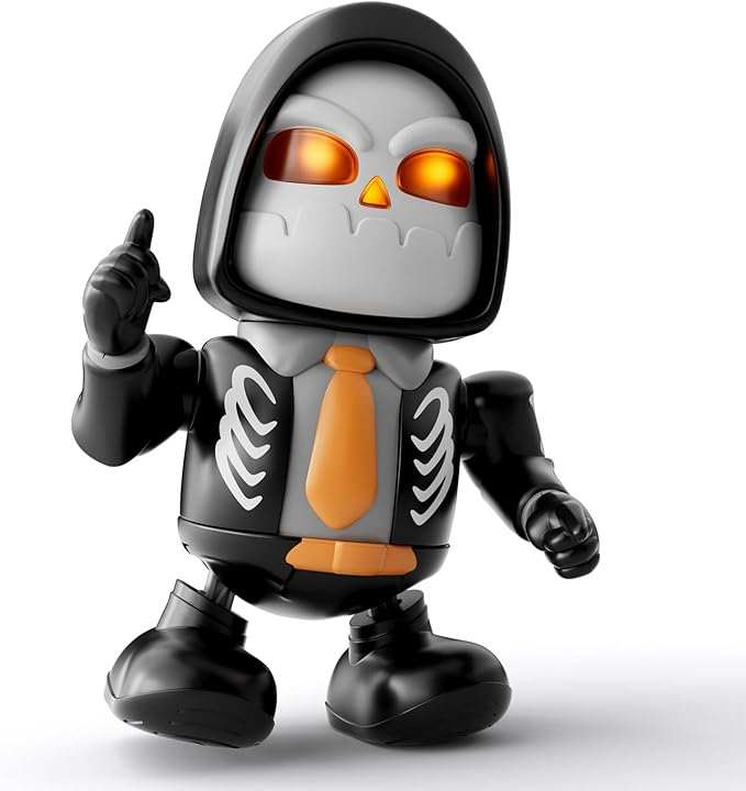 Dancing Skeleton Robot toy with motion sensing, music, and colorful lights for kids' Halloween and Christmas fun