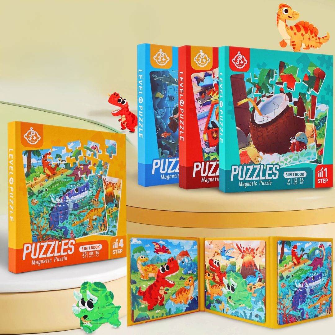 Colorful magnetic puzzle book for kids featuring dinosaur and animal themes with interactive learning pieces