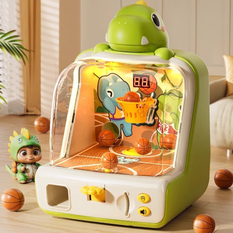 Kids basketball arcade machine with dinosaur design, interactive play, sound effects, and mini basketballs for ages 3-6