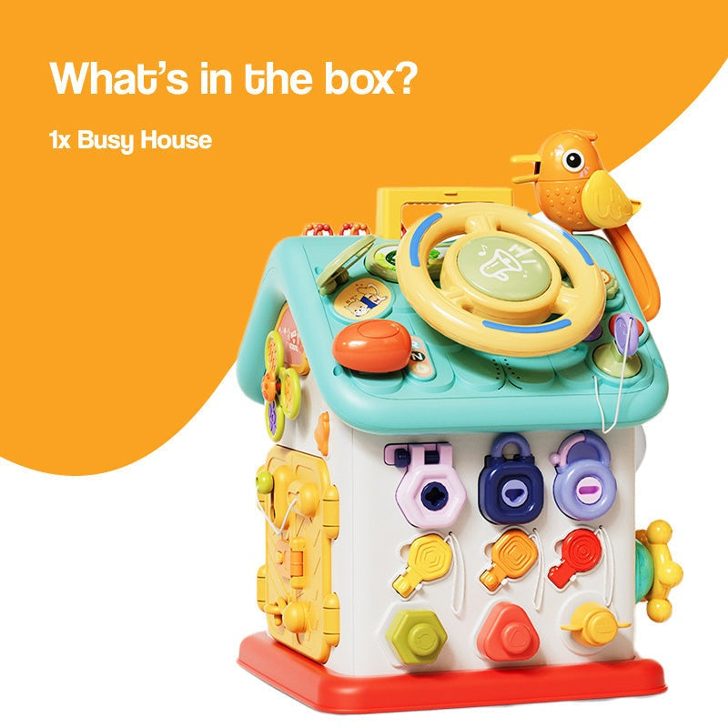 Montessori Busy House toy for toddlers with buttons, doors, and interactive features for fine motor skills development.
