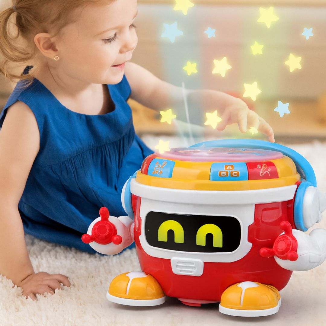 Toddler playing with multifunctional electric robot baby hand drum toy with lights and music