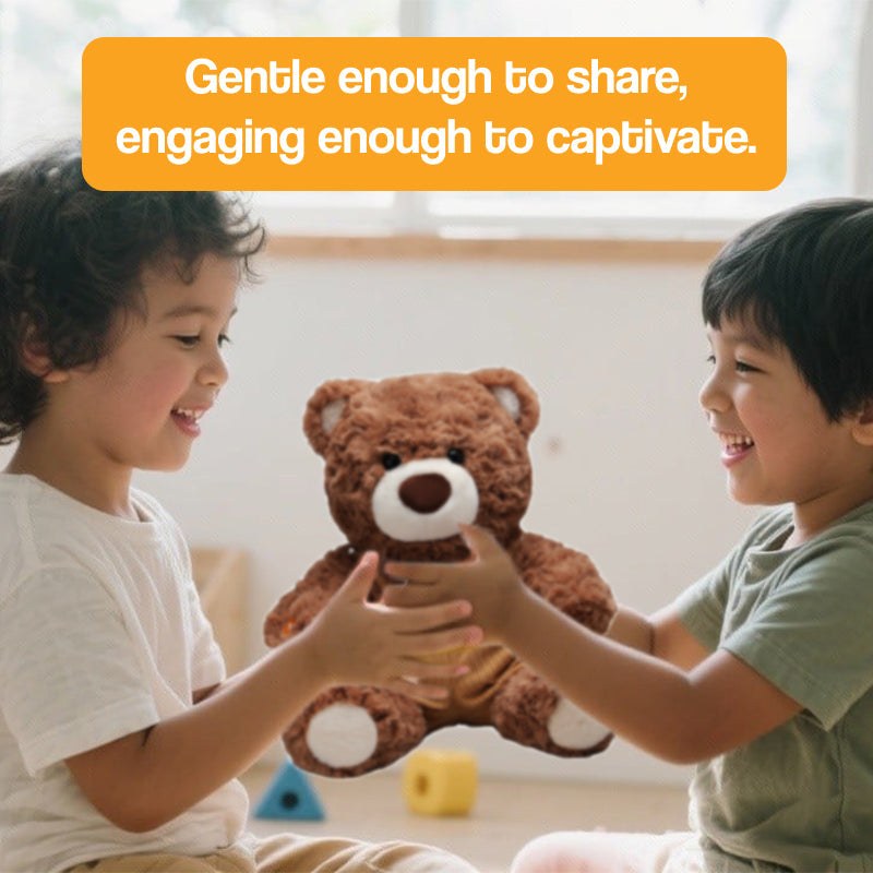 Two children happily playing with Mama & Papa Bear AI powered plushie teddy bear in a bright room