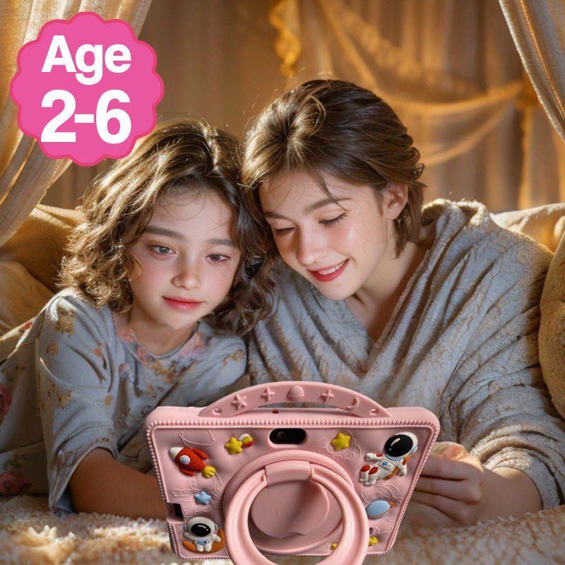 kids using pink shockproof learning tablet with astronaut case ages 2 to 6