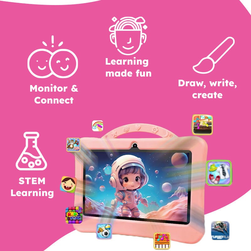 Pink shockproof learning tablet for kids with space-themed educational apps and durable astronaut case