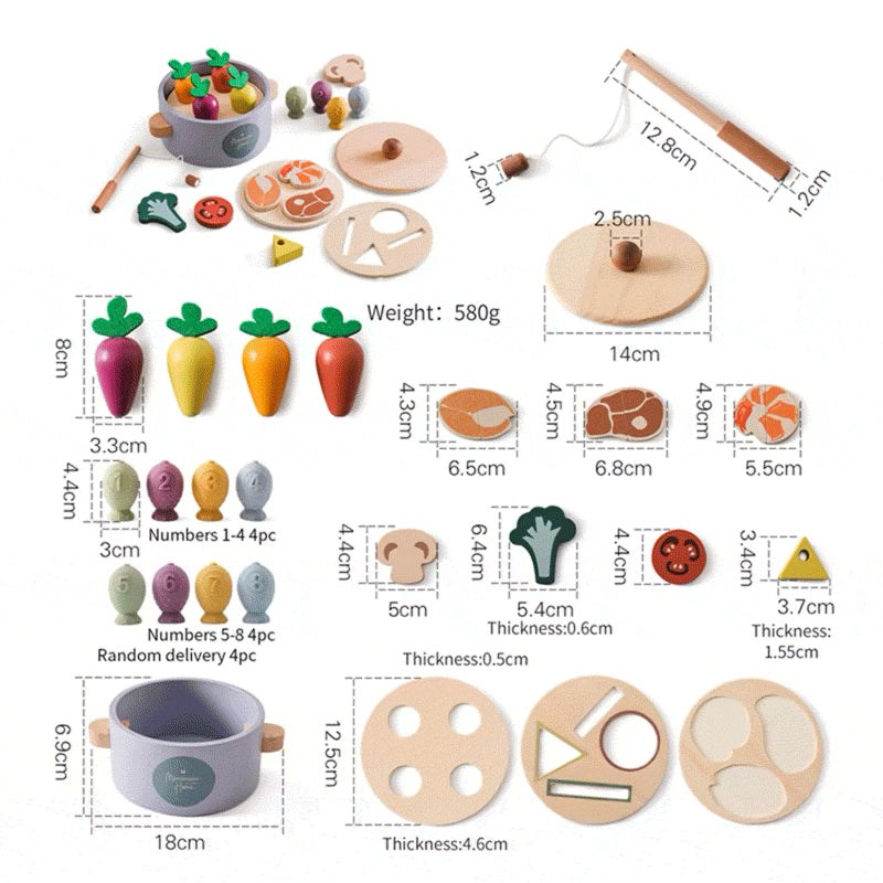 Little Chef Montessori wooden healthy cooking set with vegetables, proteins, utensils, and counting fish for ages 2-6