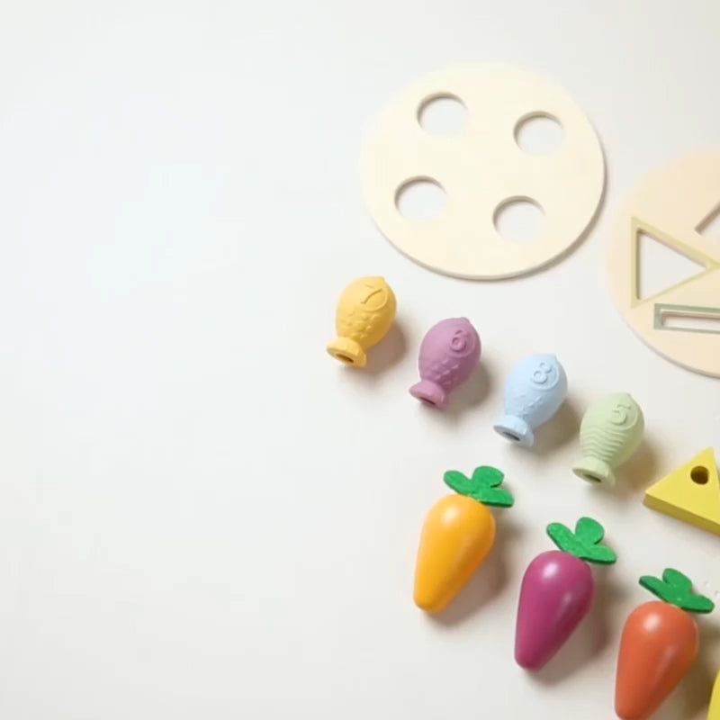 Little Chef Montessori healthy cooking set with natural wooden veggies, proteins, and numbered pieces for counting and imaginative play.