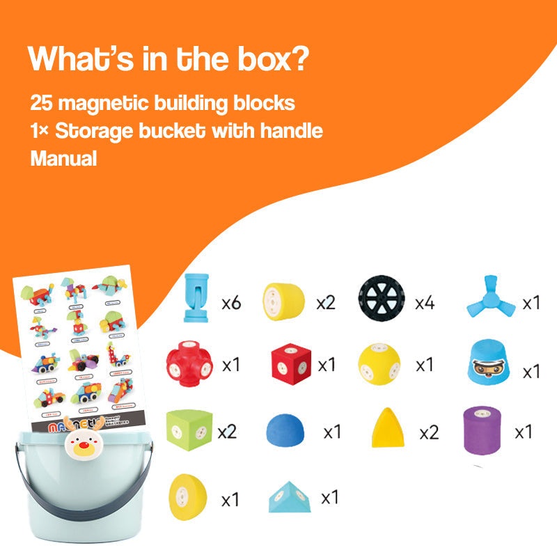 Soft Magnetic STEM Building Blocks set with 25 colorful EVA foam magnetic pieces and storage bucket for safe, water-friendly STEM play.