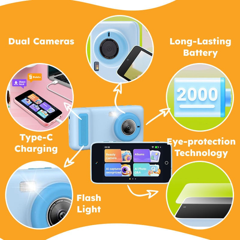 ChatGPT powered smartphone for kids with dual cameras, AI learning, eye-protection screen, long-lasting battery, and Type-C charging.