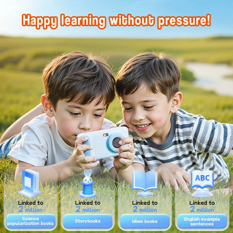 Two kids using ChatGPT Powered Smartphone with AI learning features outdoors on grass