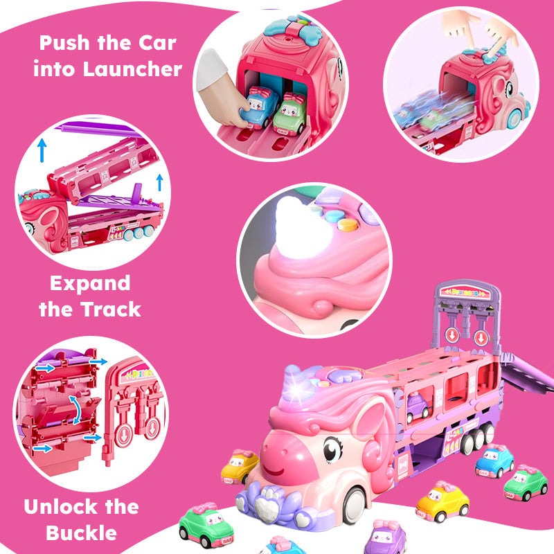 Unicorn Express dual racing truck toy with launcher, foldable pink unicorn track, and colorful mini cars for kids ages 3+
