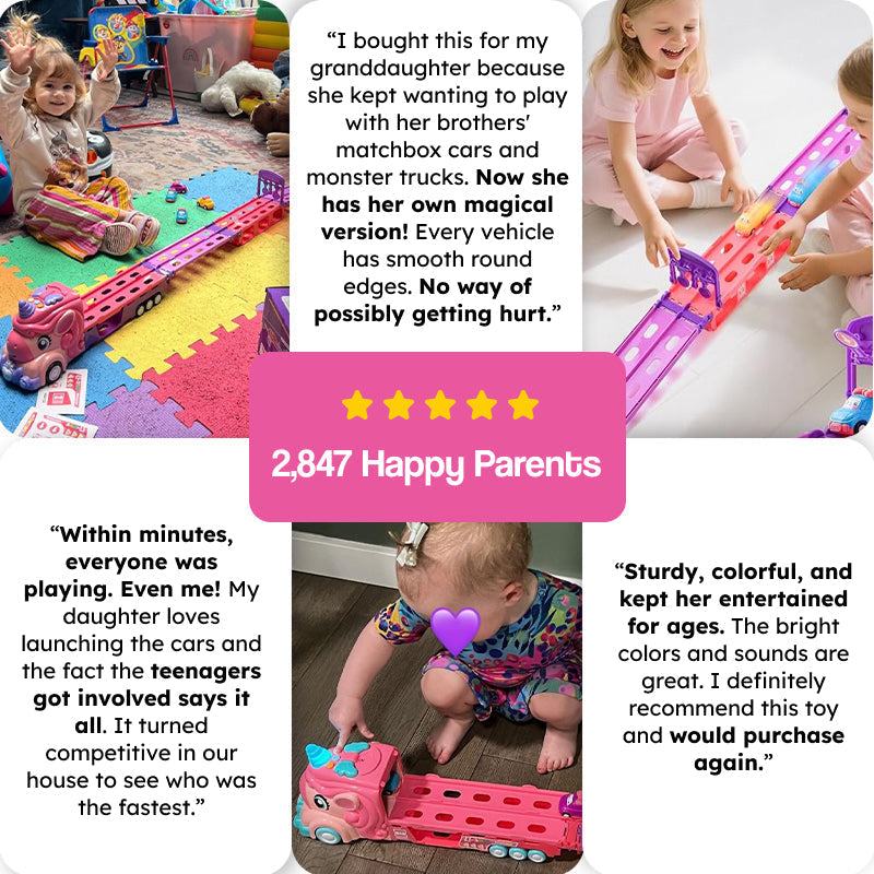 Unicorn Express dual racing truck toy with colorful cars and foldable track for kids ages 3+