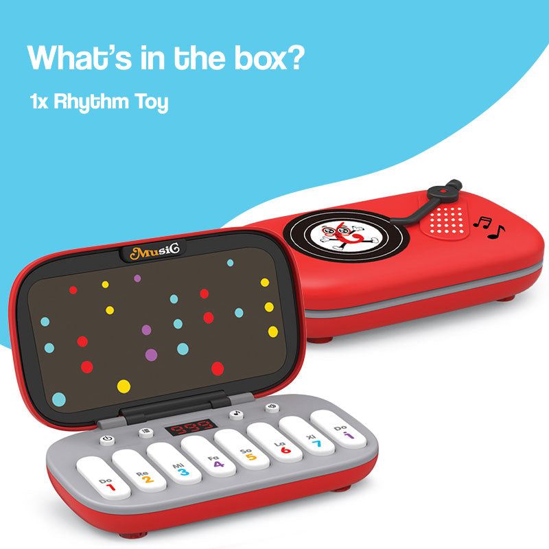 MusiQ Rhythm Master 7-in-1 piano game for kids with light-up keys and rhythm gameplay in a portable red DJ-case design