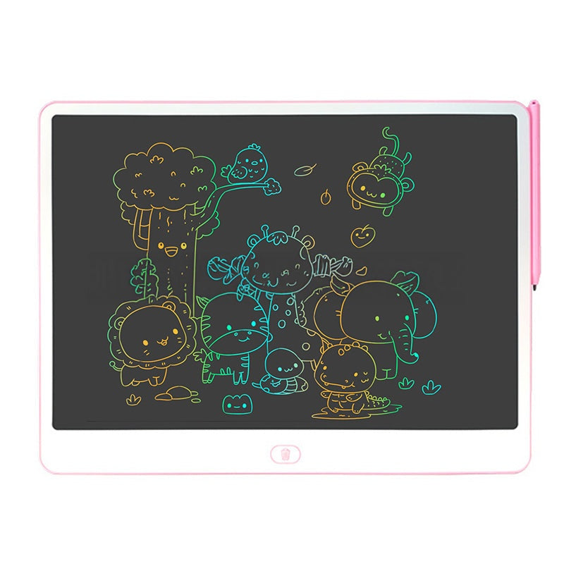 20-inch colorful LCD writing and drawing tablet with pink frame and stylus displaying glowing animal sketches