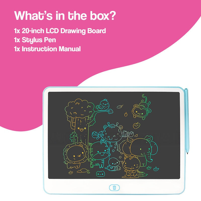 20-inch LCD drawing board with colorful glowing lines and included stylus pen on a white and blue frame